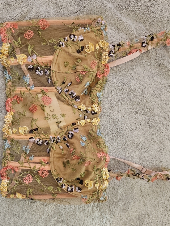 Tic Toc Tops - Embroidered Floral Sheer Bralette/ Corset - Nude with Multi-Color Flowers